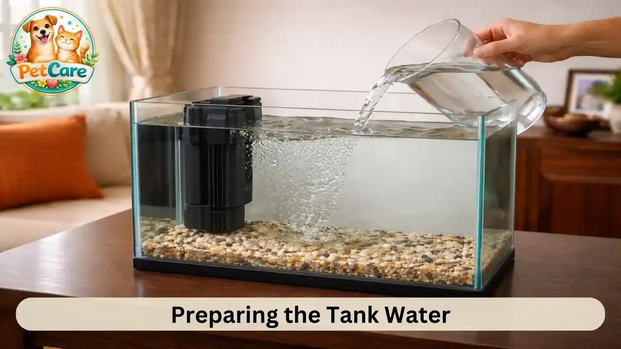 A home aquarium being filled with clean water over a gravel base in a bright room.