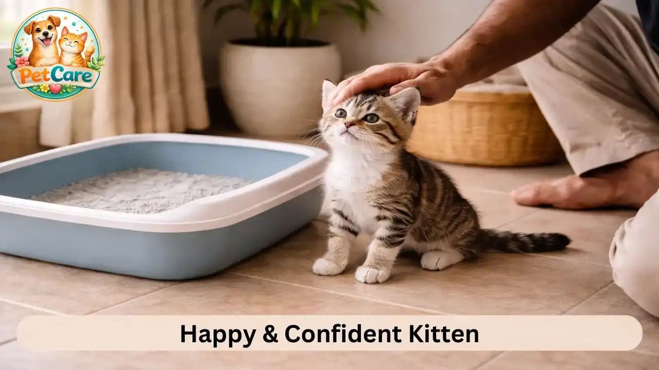 Calm kitten sitting near its litter box while being gently petted by its owner inside a home.