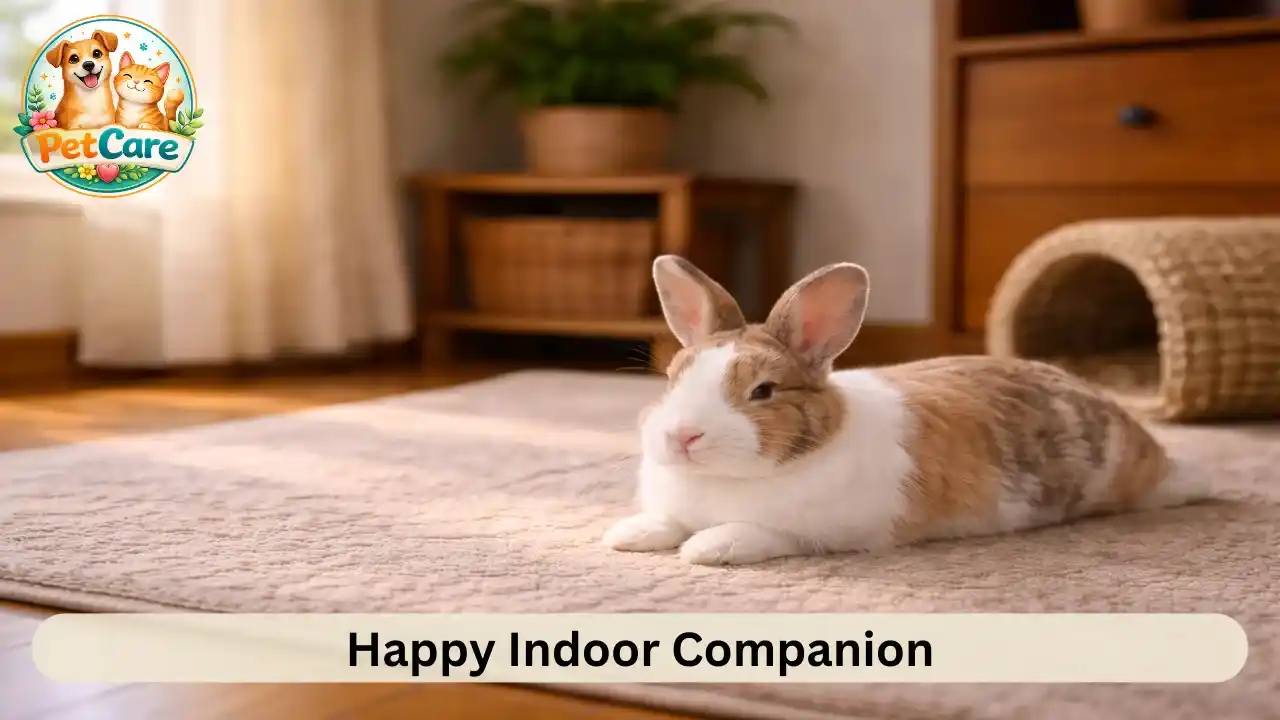 Calm rabbit resting comfortably inside a quiet home environment.