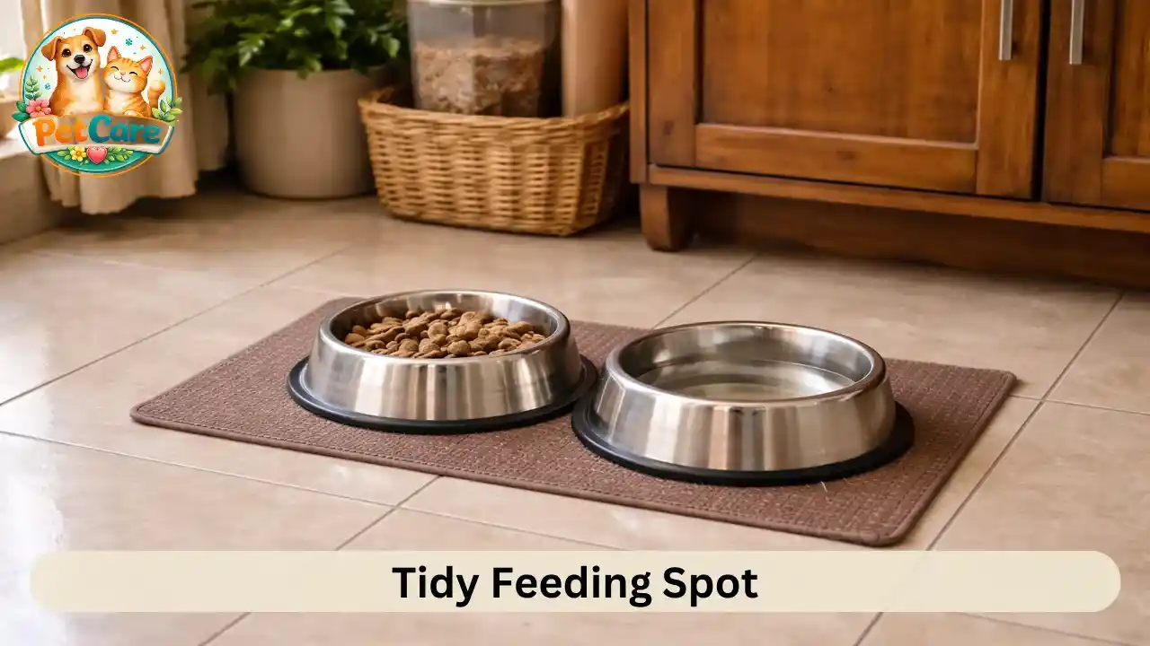 Clean pet feeding setup with stainless steel bowls arranged on a mat in a home kitchen.