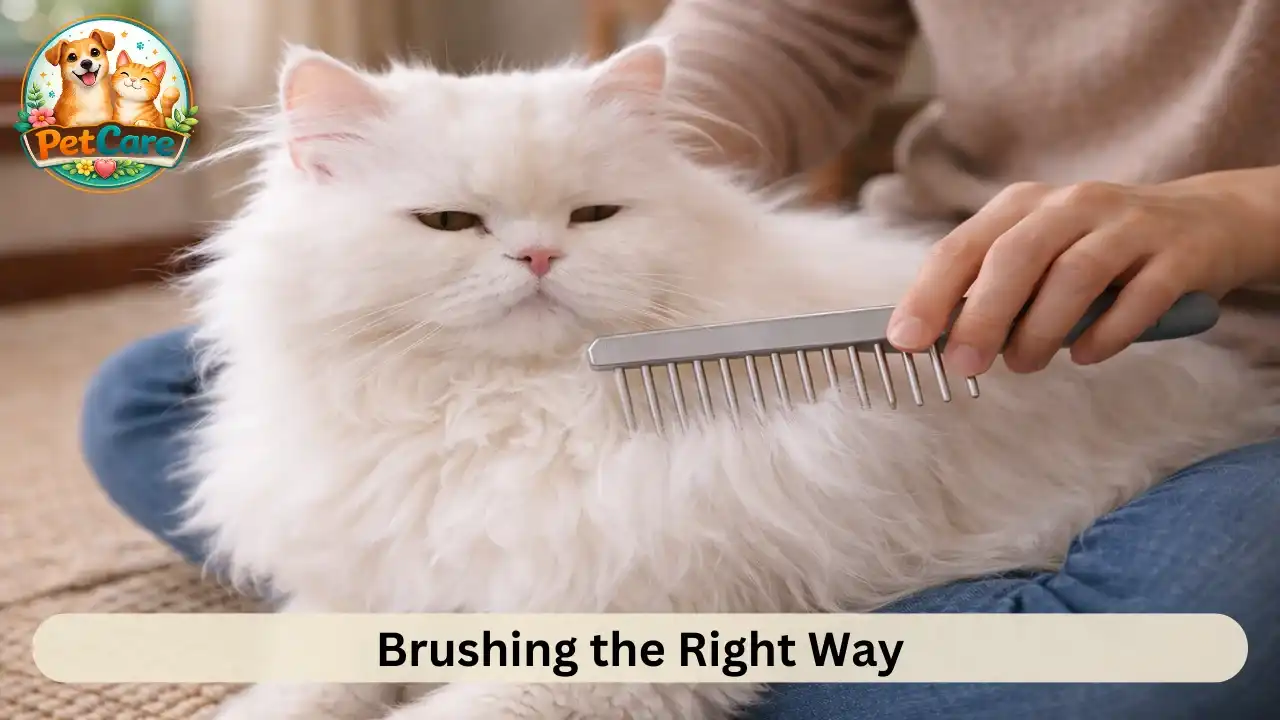 Close-up of gentle combing of a Persian cat’s thick fur during daily grooming.