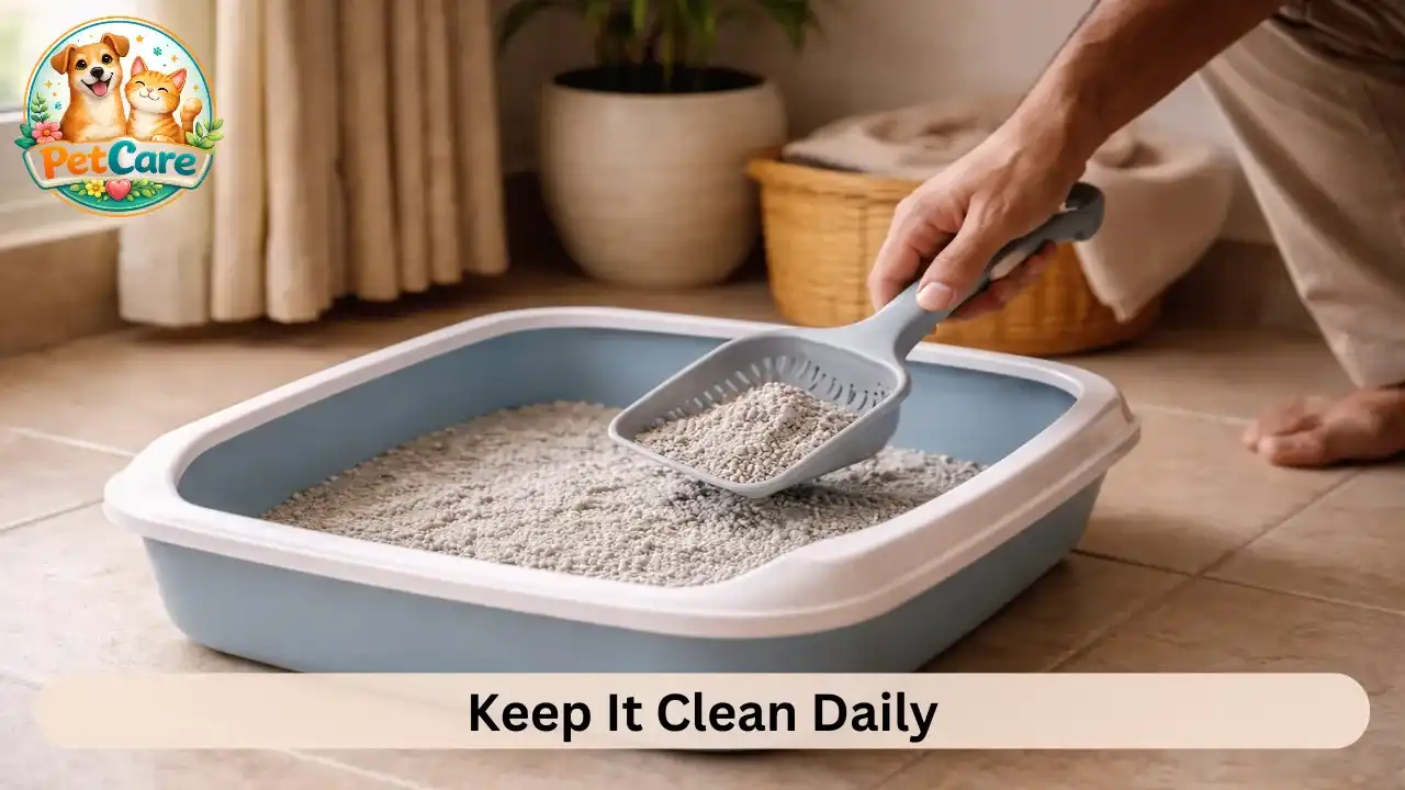 Close view of a clean litter box being scooped in a tidy home setting.