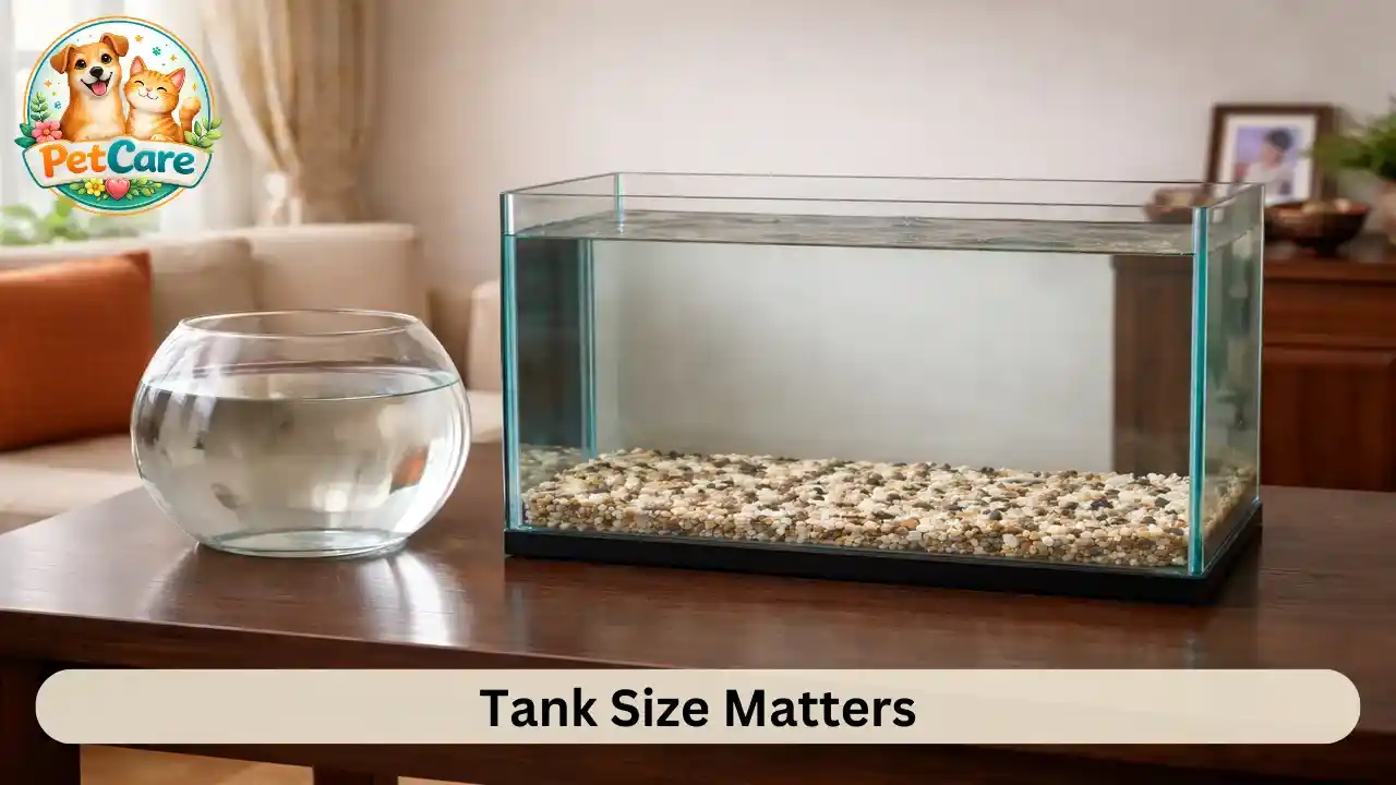Comparison of a small fish bowl and a larger glass aquarium placed on a table inside a home setting.