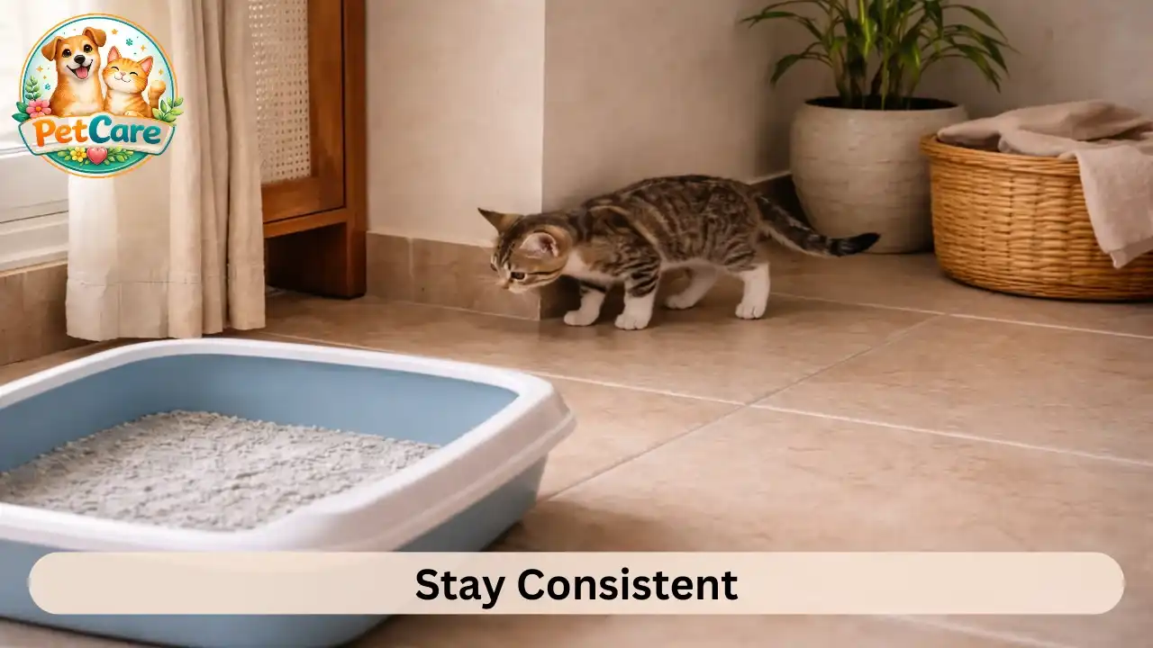 Curious kitten exploring a room corner with a litter box placed nearby in a quiet home.