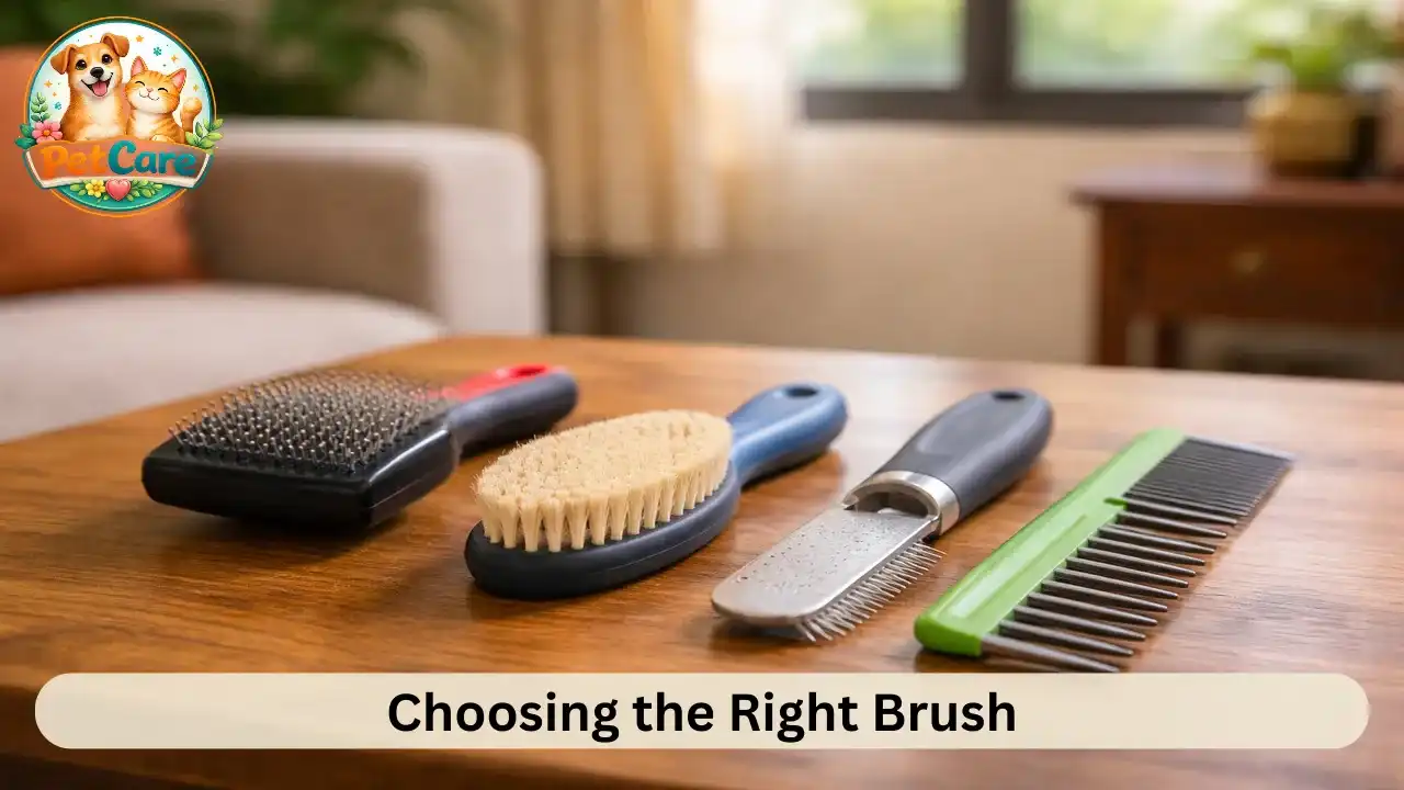 Different types of pet grooming brushes arranged on a table in natural daylight