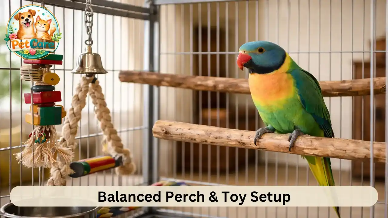 Different types of wooden and rope perches arranged neatly inside a parrot cage