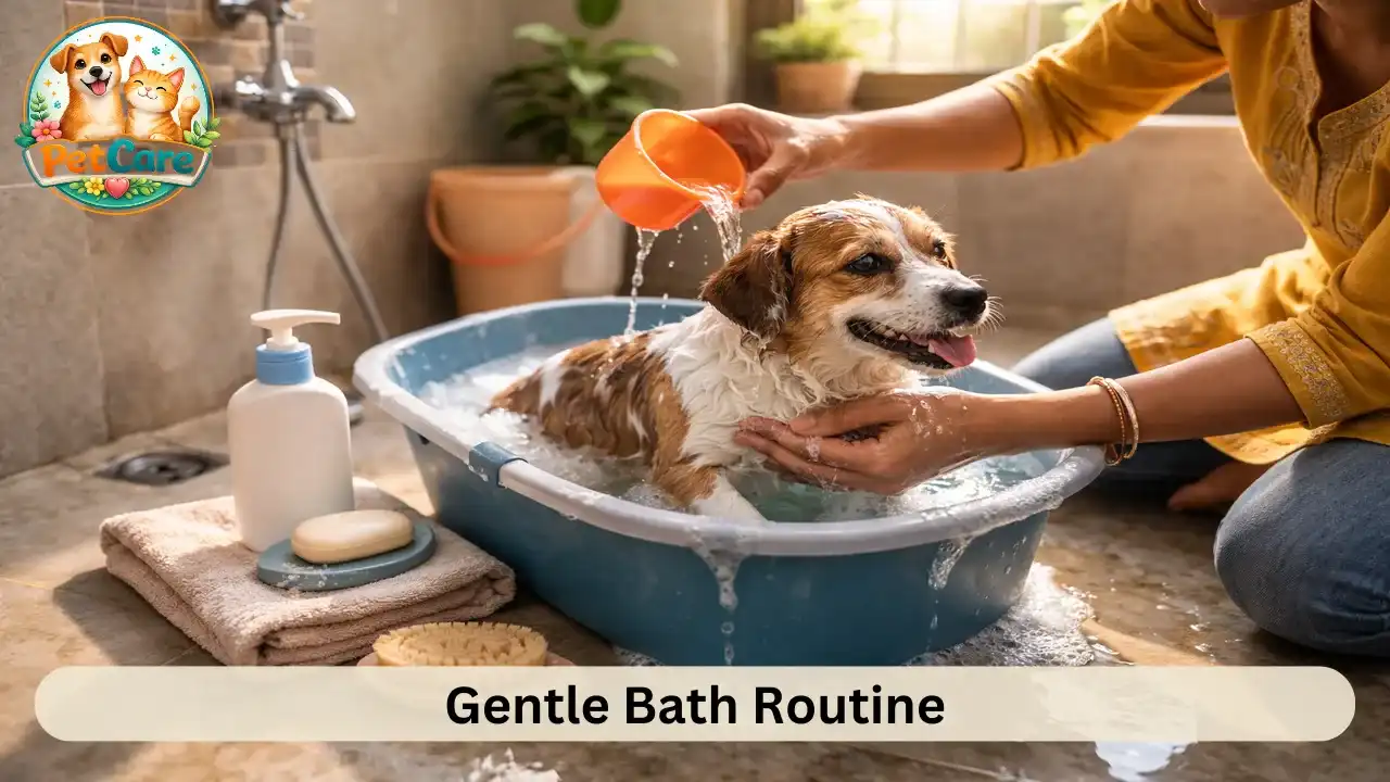 Dog being bathed at home with mild pet shampoo in a simple bathroom setup