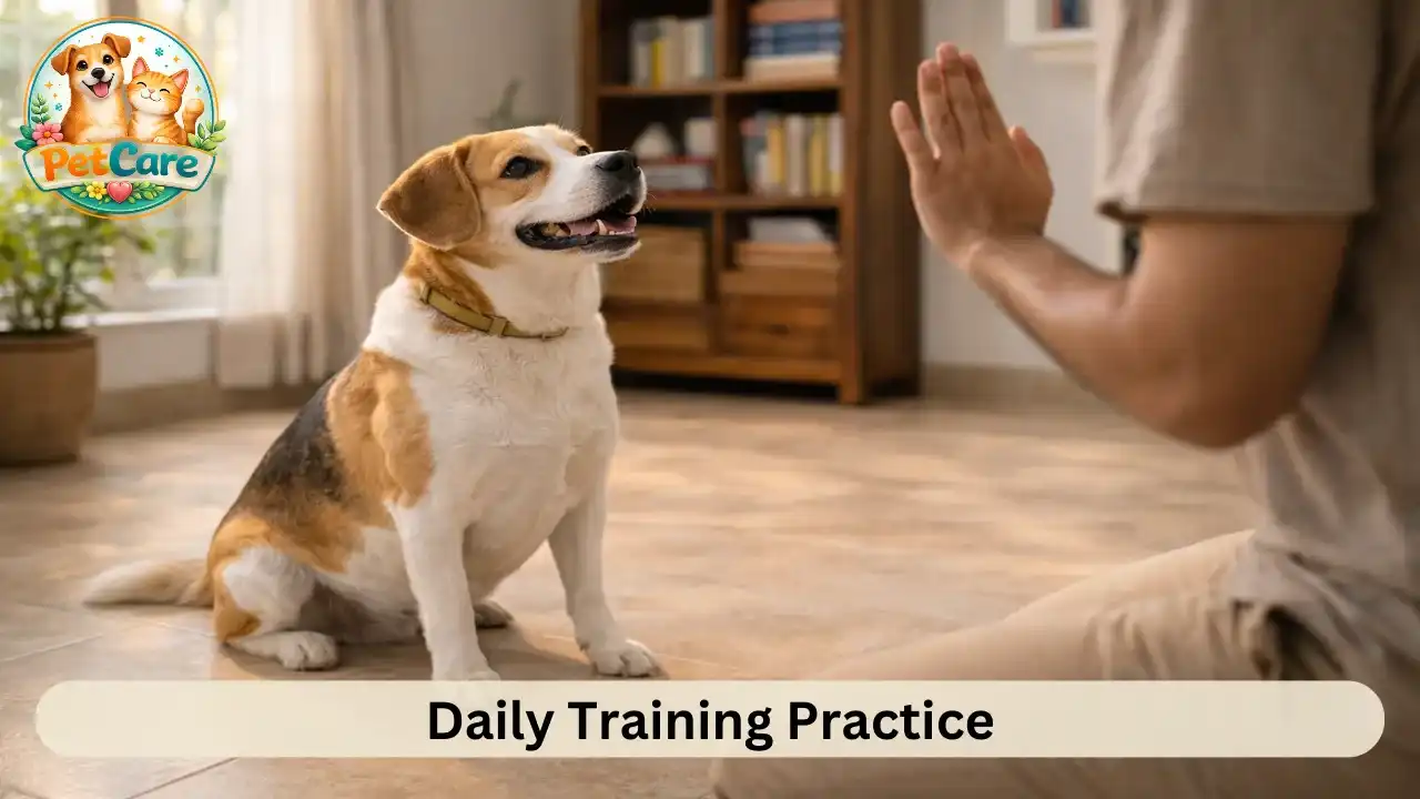 Dog following a simple sit command during a short indoor training session.