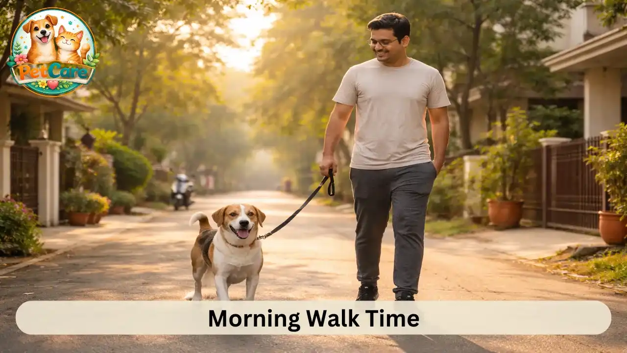 Dog on a leash enjoying a peaceful morning walk in a residential Indian neighborhood.