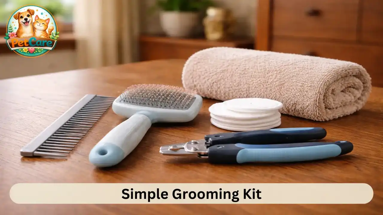 Essential grooming tools arranged neatly on a table for caring for a Persian cat at home.