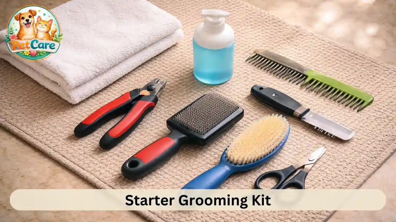 Flat lay of essential pet grooming supplies arranged neatly on a floor mat at home