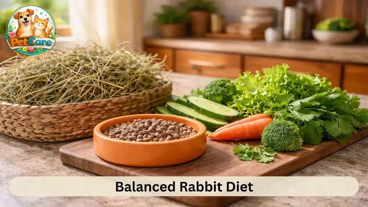 Fresh hay and leafy vegetables prepared in bowls for feeding a pet rabbit at home.