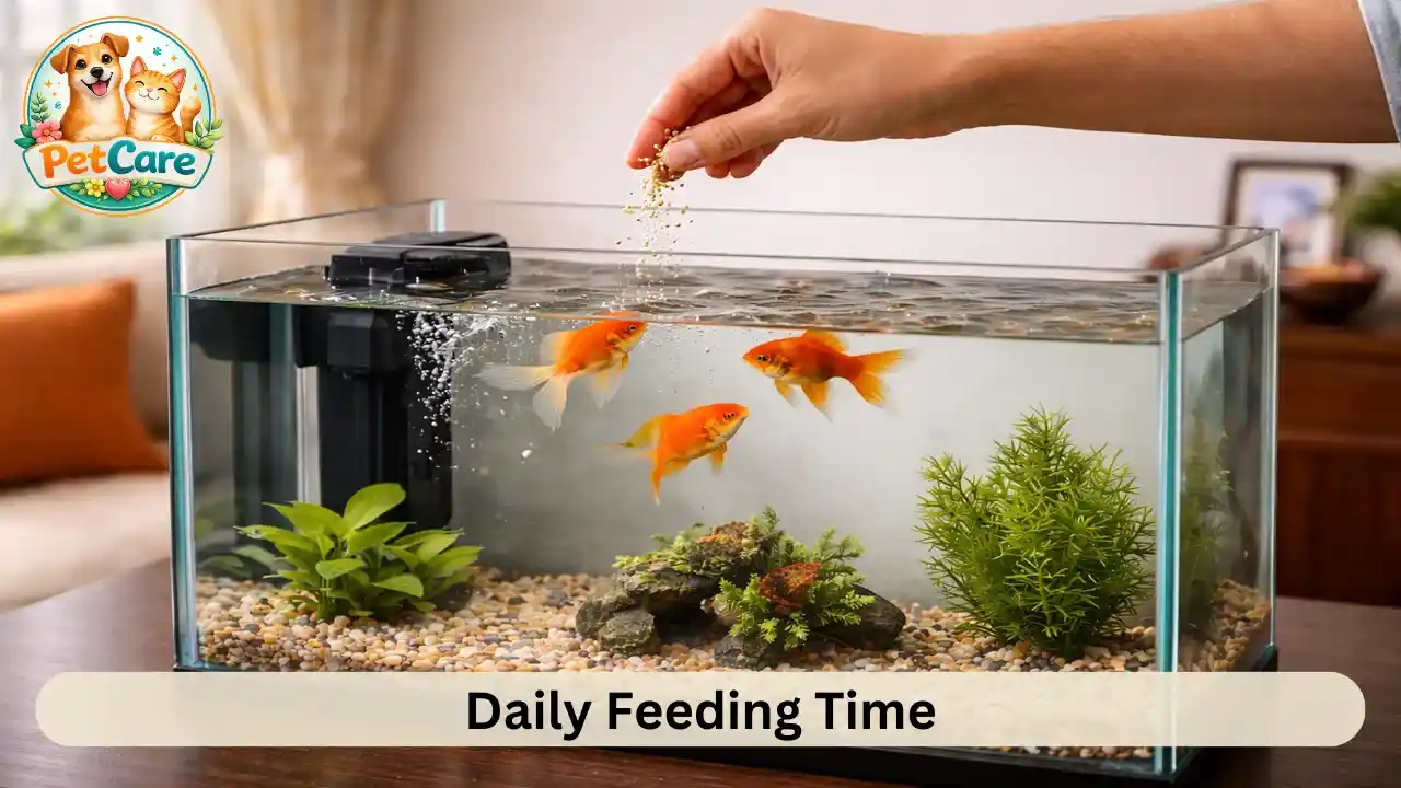 Goldfish swimming near the surface while the owner adds a small amount of food in a home aquarium.