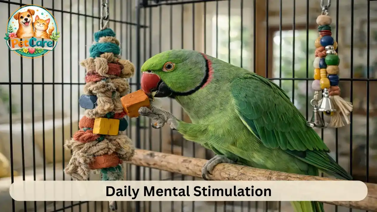 Indian Ringneck parrot interacting with chew toys inside a well-arranged cage.