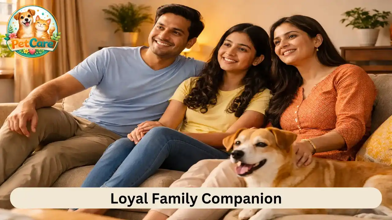 Indian family spending relaxed time indoors with their Indian Pariah Dog resting nearby