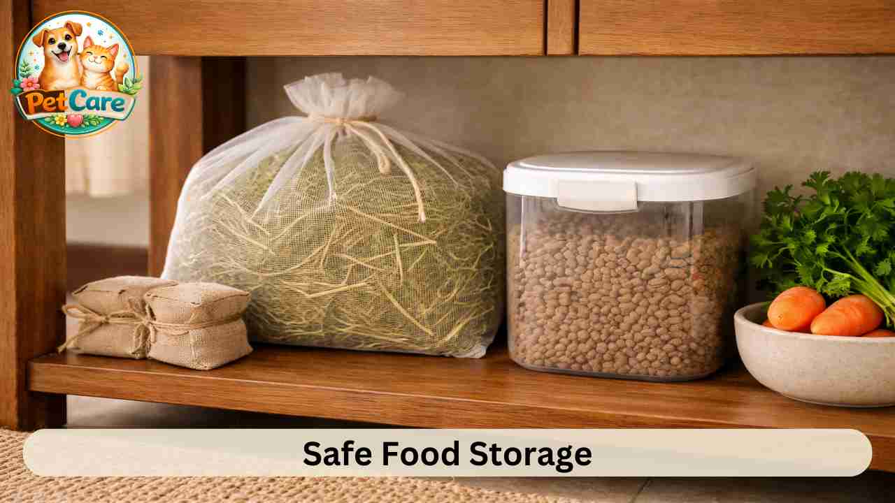 Organized storage of rabbit hay and pellets inside a home