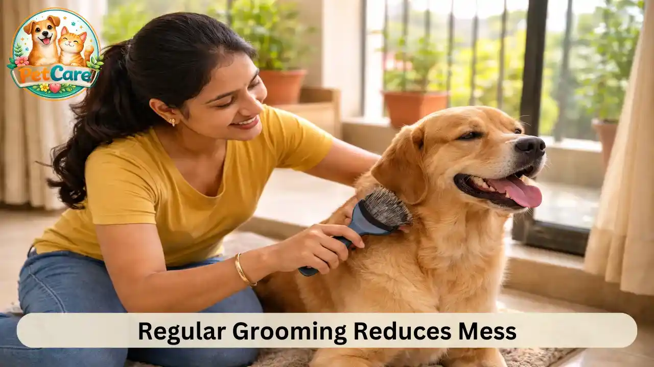 Owner brushing their dog indoors near a balcony to manage shedding fur.