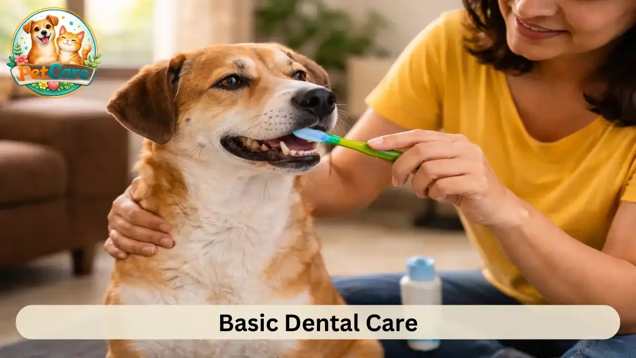 Owner brushing their dog’s teeth gently at home using a pet toothbrush