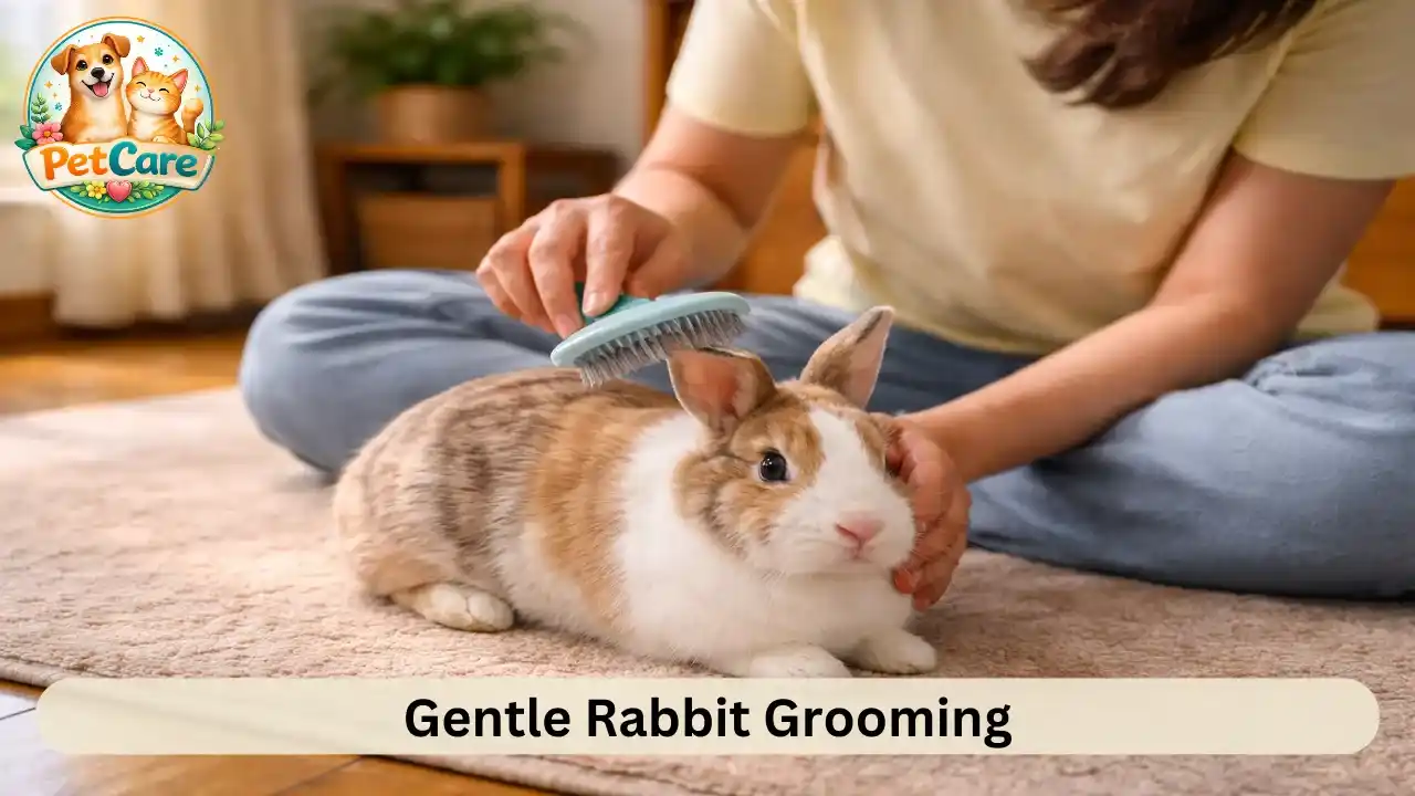 Owner carefully brushing their pet rabbit in a calm indoor setting.