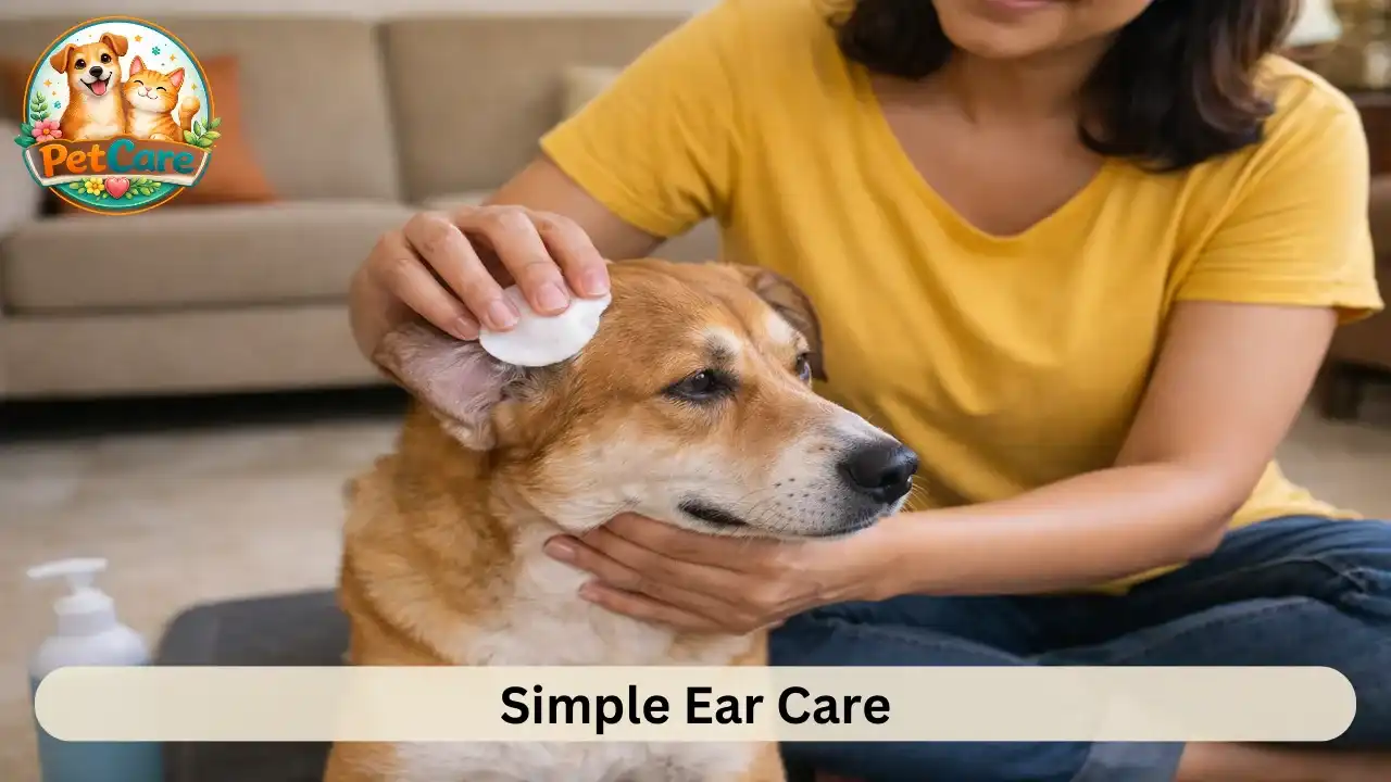 Owner cleaning the outer ear of a dog using a cotton pad in a relaxed home setting