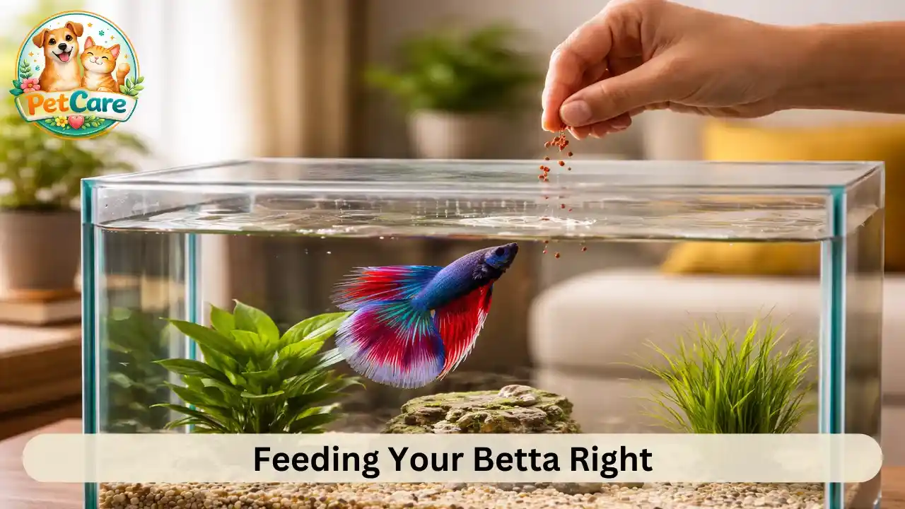 Owner feeding Betta fish small pellets in a clean aquarium during daily care routine.