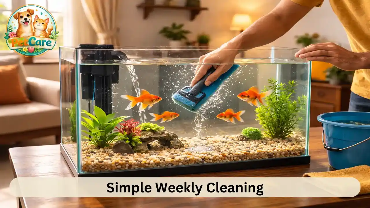 Owner gently cleaning the inside glass of a goldfish tank during regular home maintenance routine.