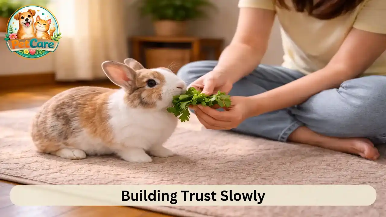 Owner sitting on the floor calmly feeding leafy greens to a rabbit by hand.