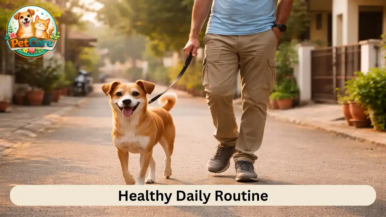 Owner taking an Indian Pariah Dog for a morning walk in a peaceful Indian neighborhood