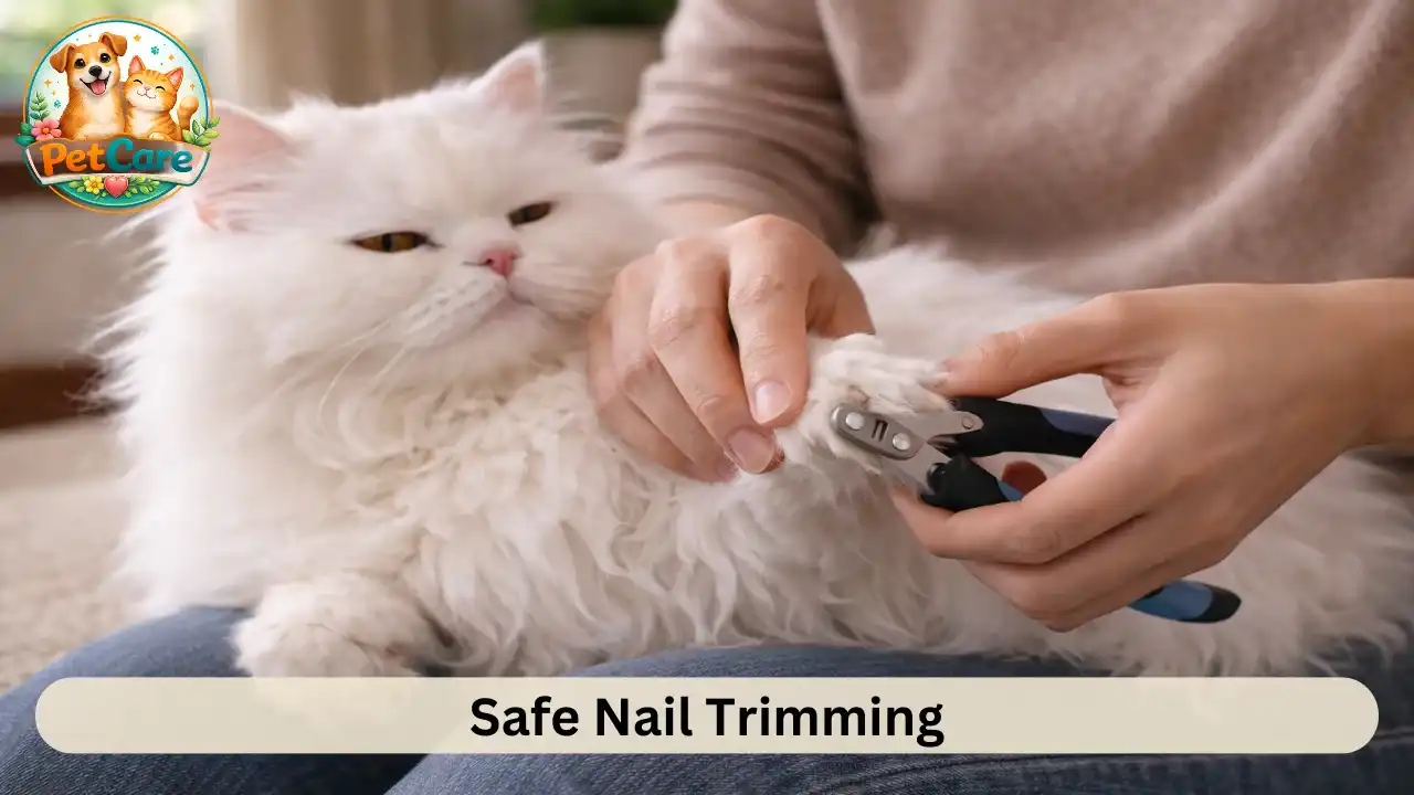 Owner trimming the tip of a Persian cat’s nails while the cat rests calmly.