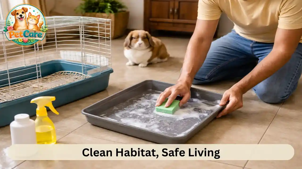 Owner washing the tray of a small pet cage inside a well-lit Indian home.