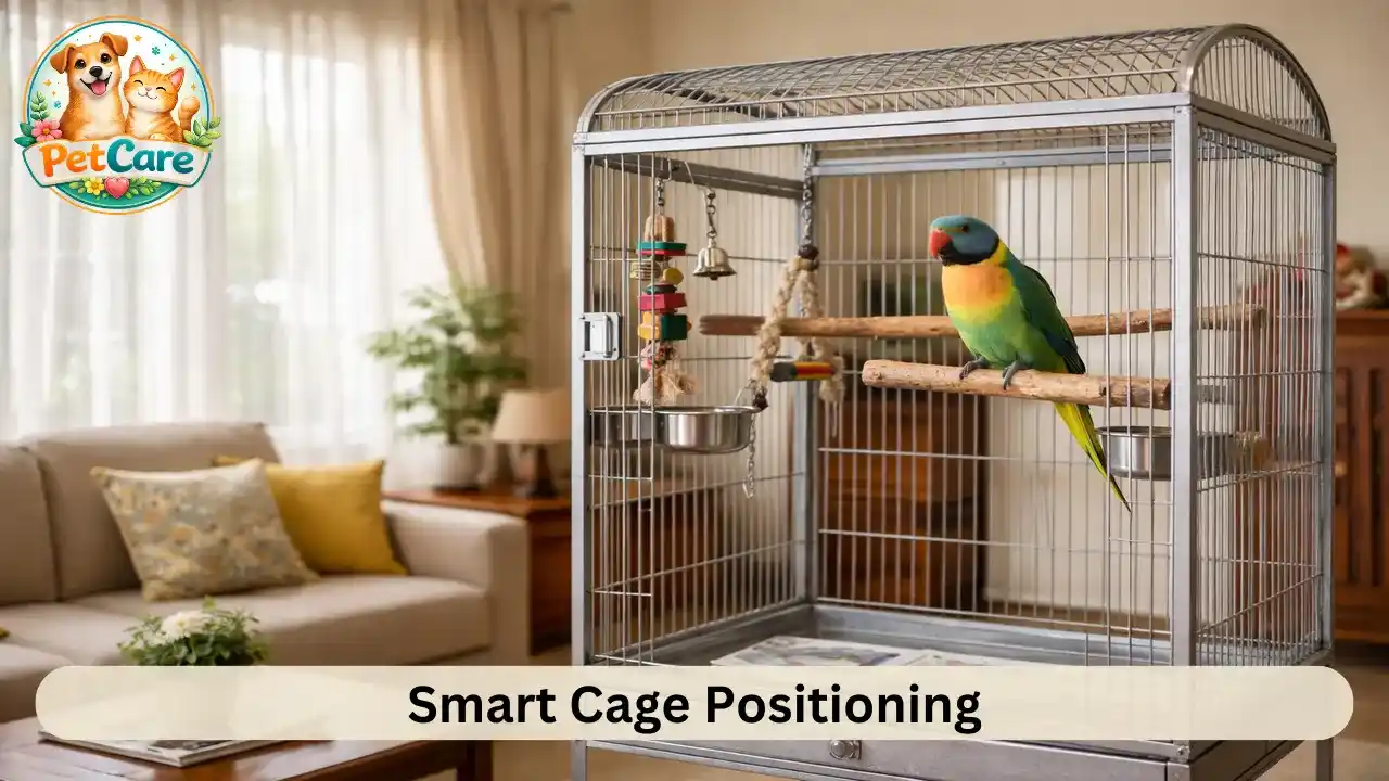 Parrot cage placed near a window with filtered sunlight inside a neat Indian home