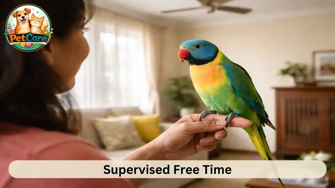 Parrot enjoying supervised time outside the cage inside a safe home environment