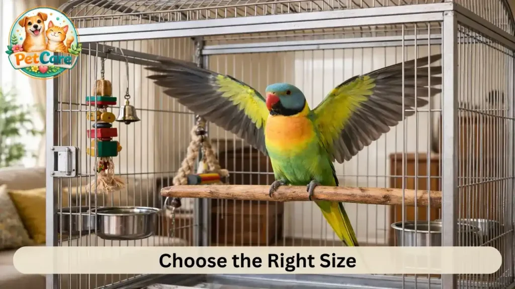 Parrot stretching its wings comfortably inside a wide stainless steel cage in a home setting