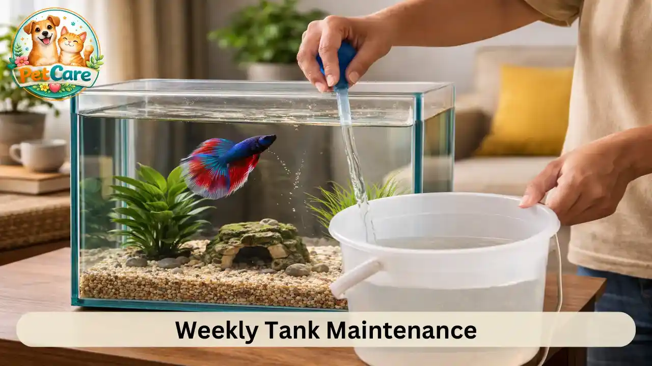 Partial water change being done in a Betta fish tank as part of regular home maintenance.