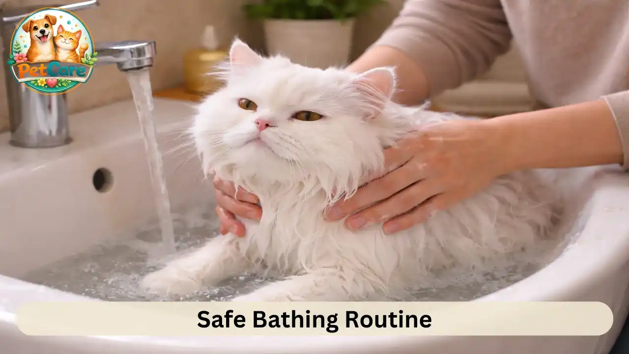 Persian cat being gently bathed in a home bathroom with calm handling.