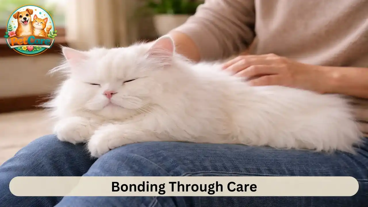Persian cat relaxing comfortably on owner’s lap after a calm grooming session.