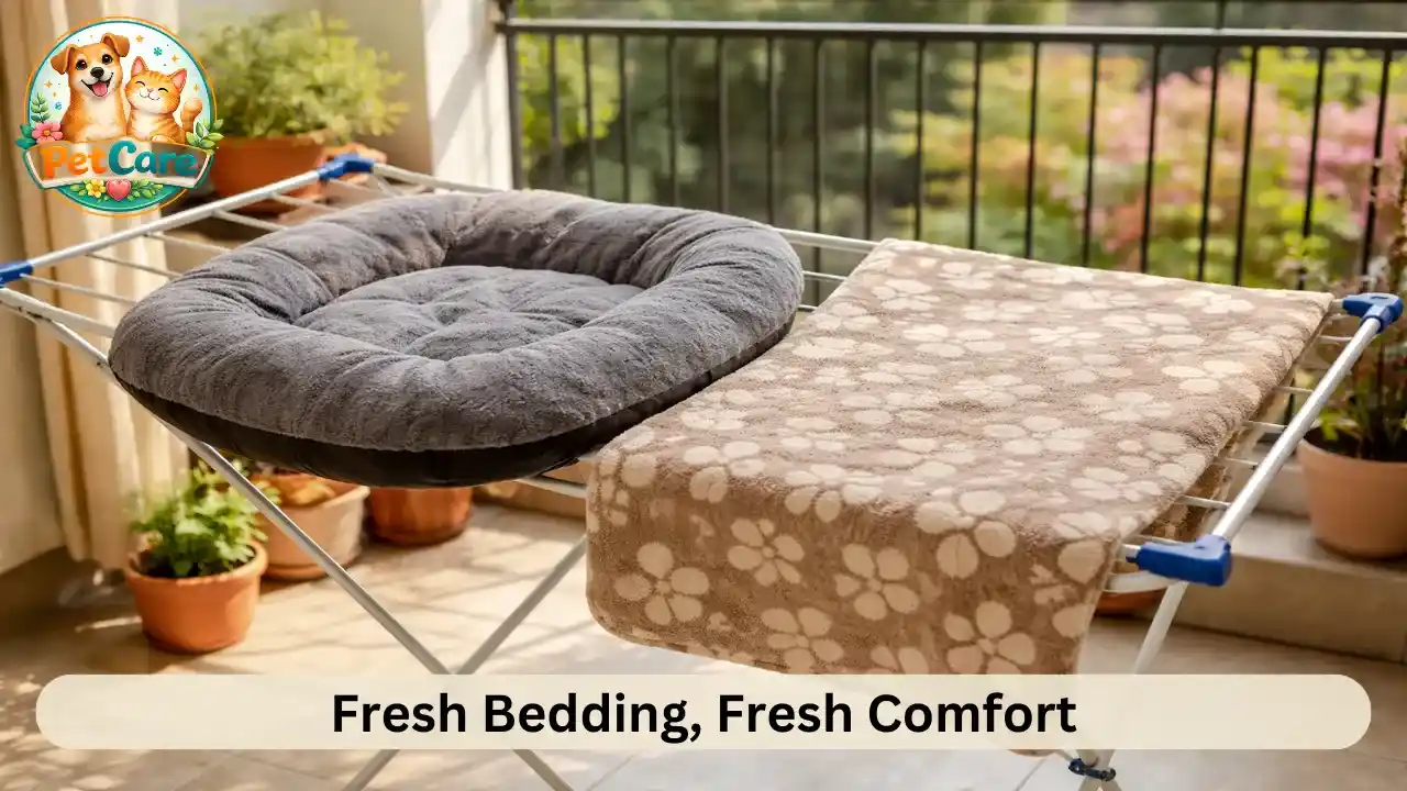 Pet bedding drying under natural sunlight on a balcony in a typical Indian household.