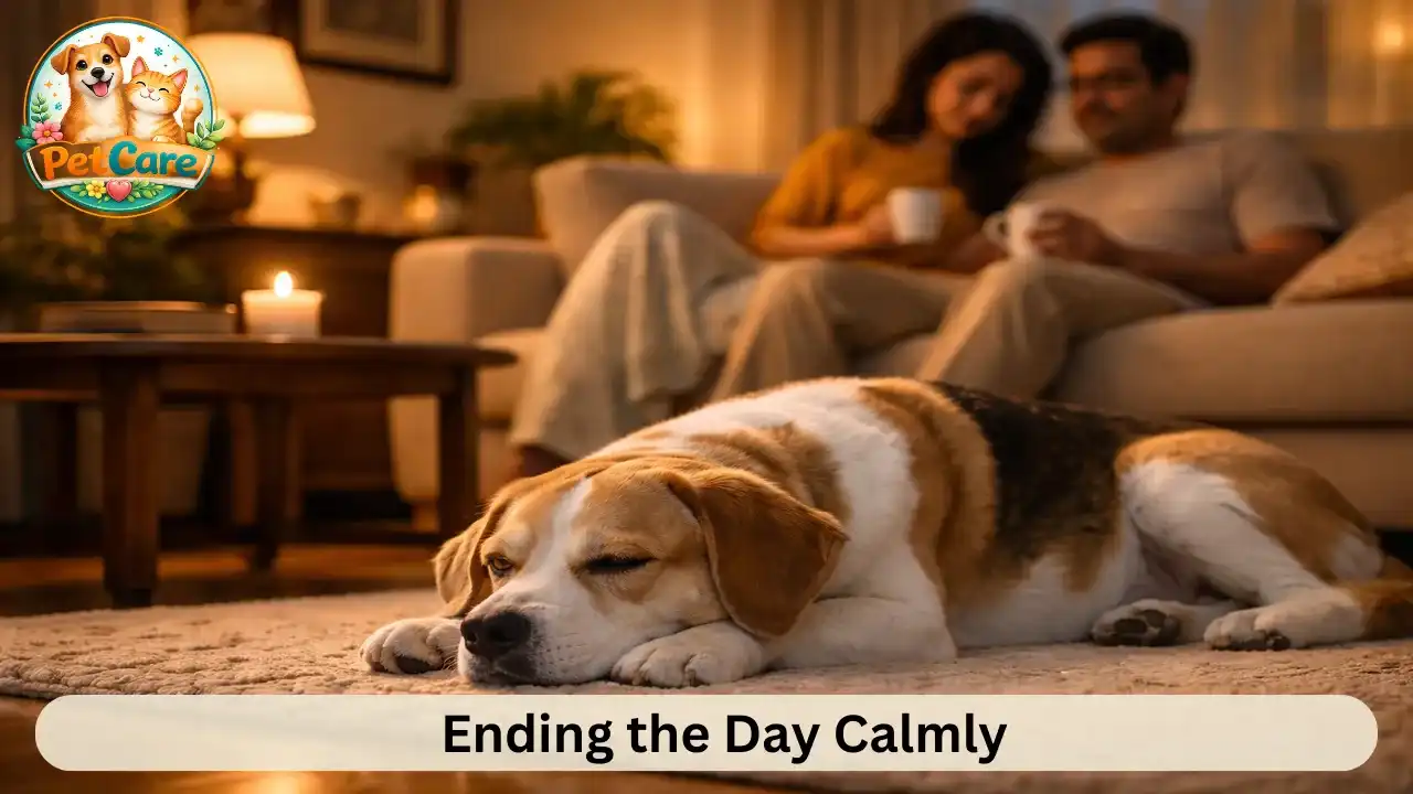 Pet dog resting quietly with family during night relaxation time at home.