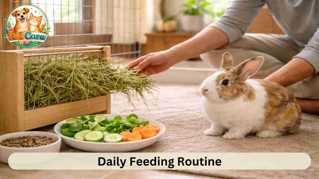 Pet owner arranging hay and vegetables for an indoor rabbit