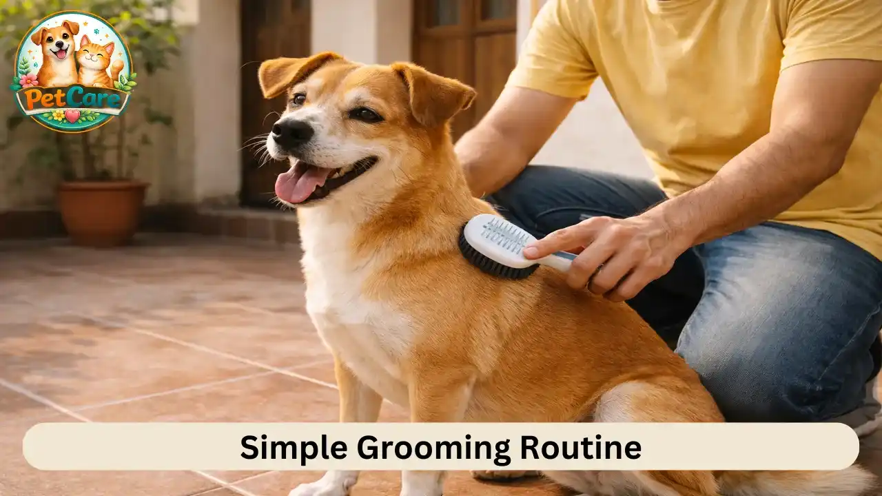 Pet owner brushing an Indian Pariah Dog in a home courtyard during daylight