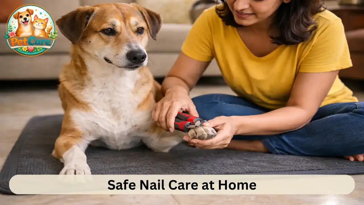 Pet owner carefully trimming their dog’s nails in a relaxed home environment