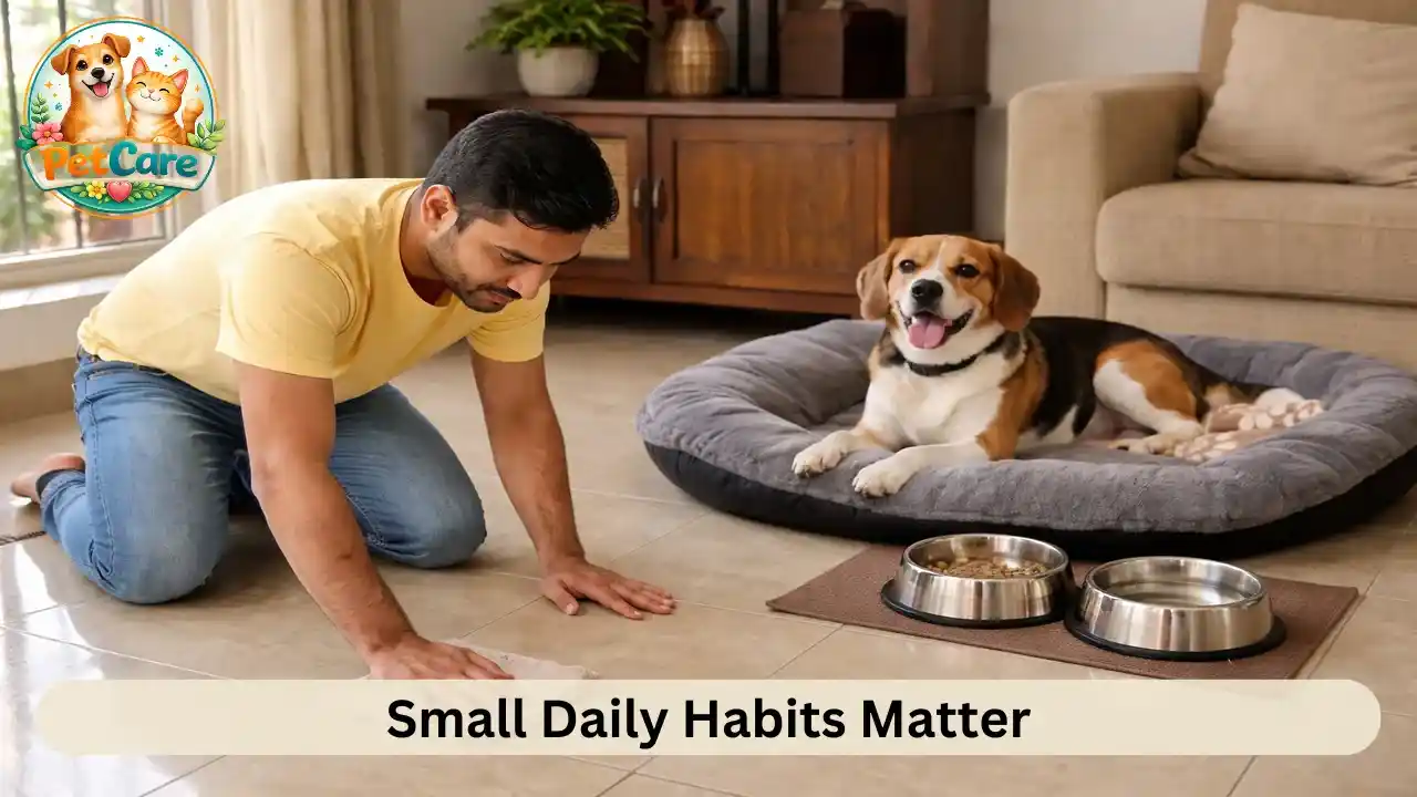 Pet owner cleaning the floor near a dog’s bed inside a bright Indian apartment.