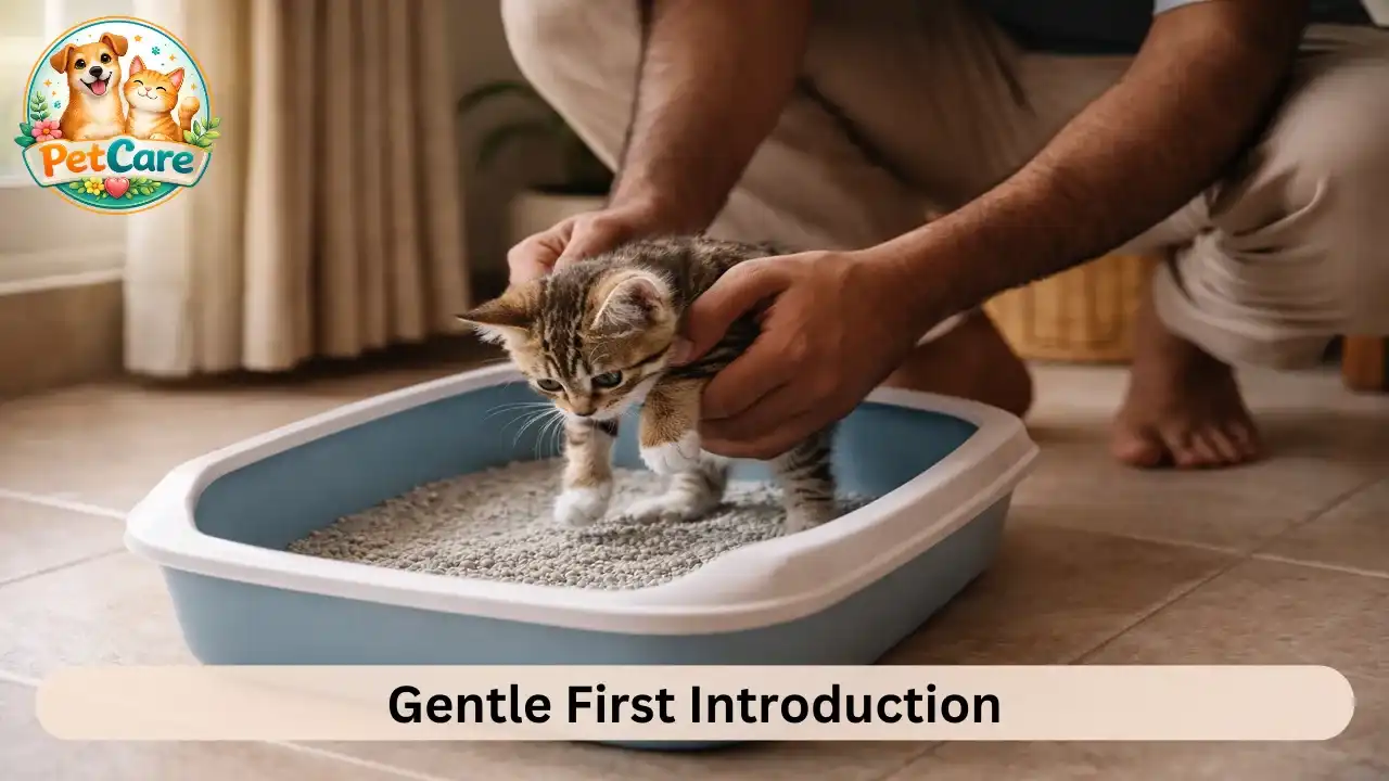 Pet owner gently introducing a young kitten to a litter box in a calm indoor environment.