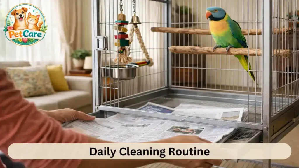 Pet owner lining the cage tray with newspaper while parrot rests calmly on a perch