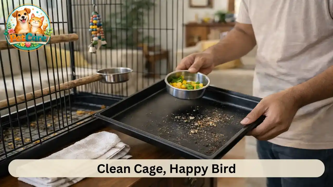 Pet owner maintaining cleanliness by cleaning the bird cage and refreshing bowls at home.