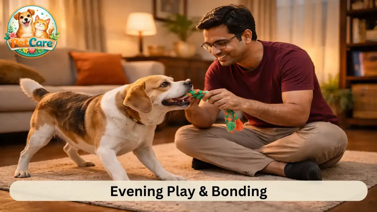Pet owner playing with their dog indoors during evening time at home.