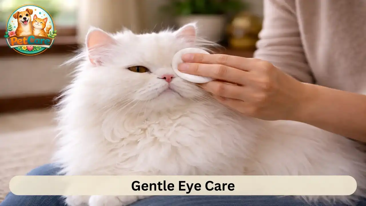 Pet owner softly cleaning around a Persian cat’s eyes with a cotton pad at home.