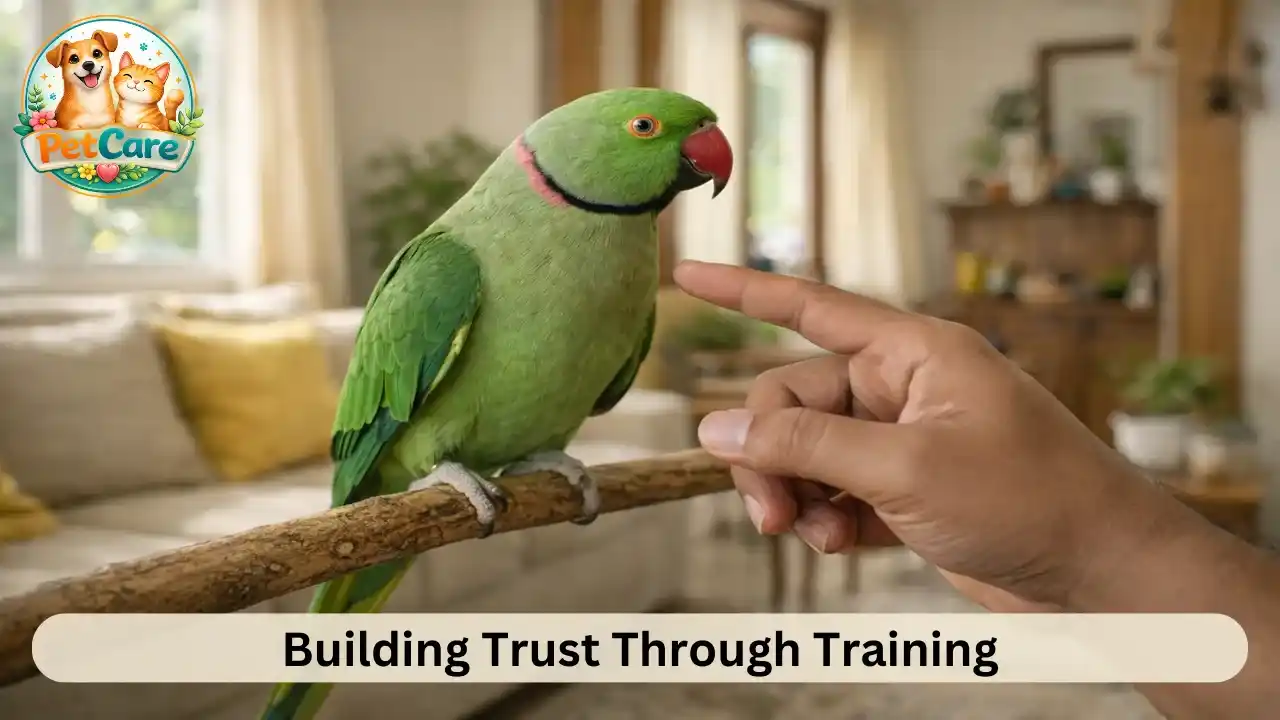 Pet owner teaching an Indian Ringneck parrot to step onto their hand in a relaxed home setting.