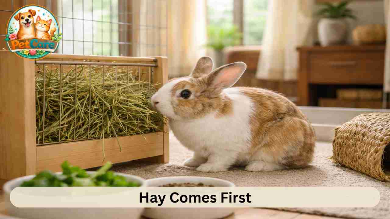 Rabbit comfortably eating grass hay inside a clean indoor enclosure
