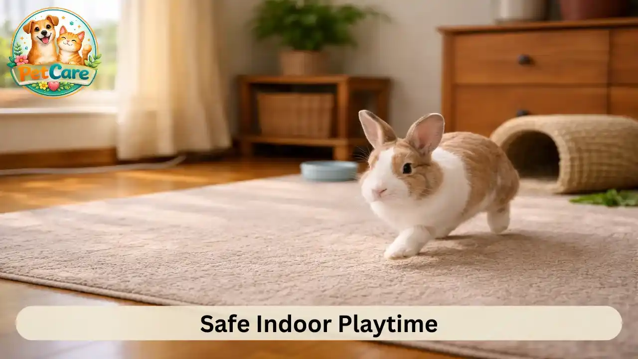 Rabbit exploring a safe indoor space during supervised exercise time at home.
